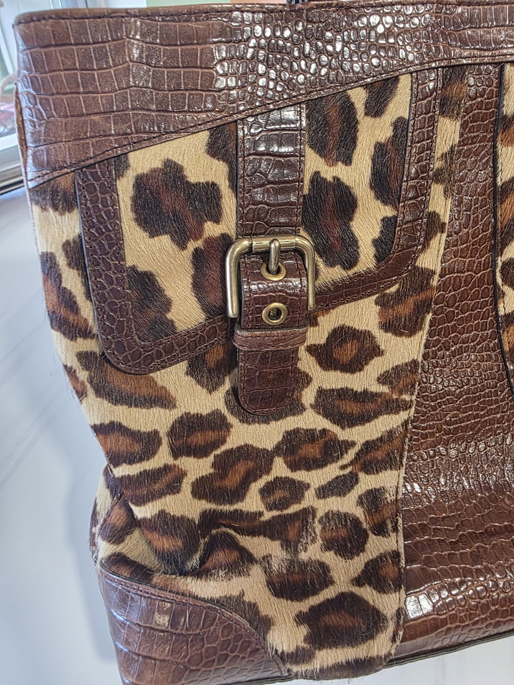 Isabella Fiore Brown Leopard Cowhide Fur Top-Handle Tote Luxury Animal Print Bag - Picture 10 of 16
